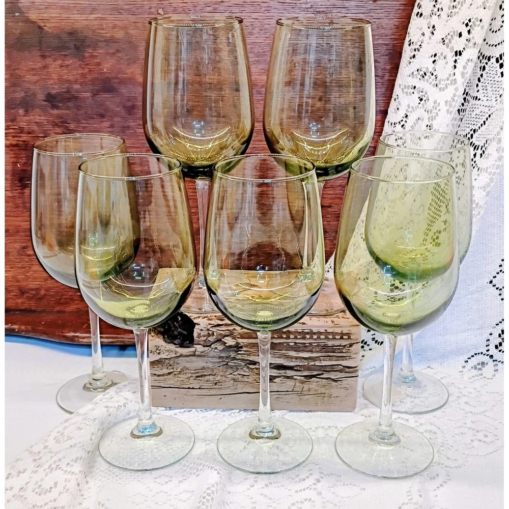 Set of 6 Olive Green Tinted Wine Glasses Long Stem Clear Base 9 Inch 2.75 Rim